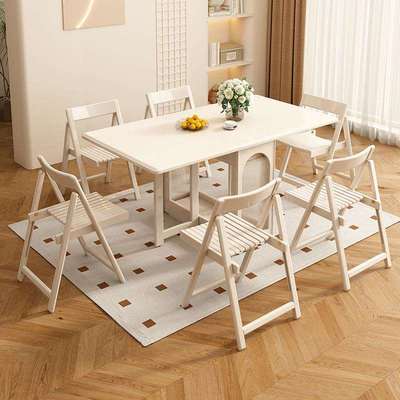 白色实木折叠餐桌一体餐边柜小户型奶油风伸缩吃饭桌多功能可