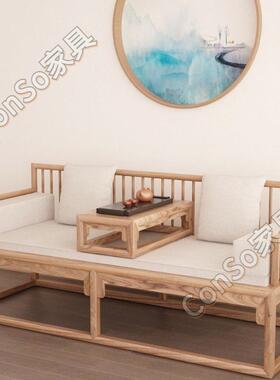 工厂CSP3新中式罗汉床推拉床实木中式榆木小户型家用客沙发伸