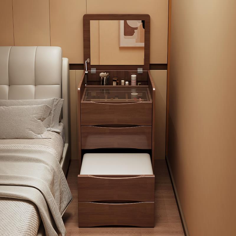 实木梳妆台简约现代家用翻盖化妆桌带镜子带凳床头柜两用小型斗柜