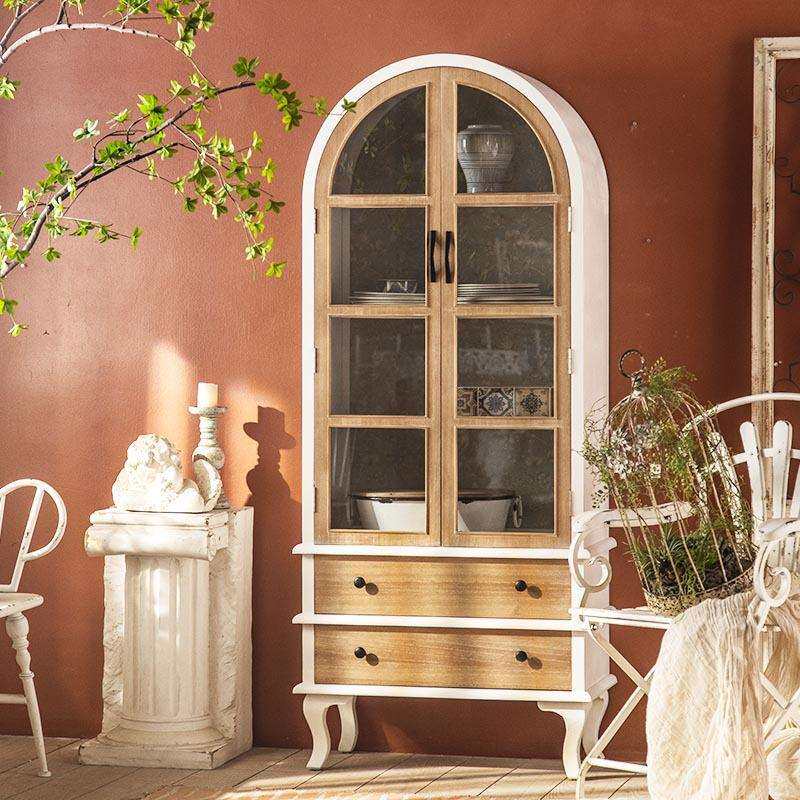 美式复古实木两门书柜置物柜带门客厅玻璃展示柜落地书橱靠墙家用