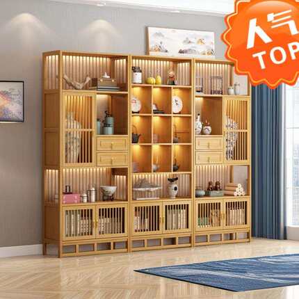 新中式实木博古架客厅隔断组合置物架led灯展示柜现代茶室多宝阁