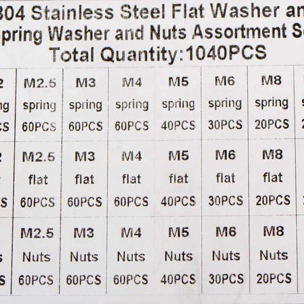304不锈钢M2-M10 平垫圈 弹簧垫圈 六角螺母1040pcs 配套组合套装