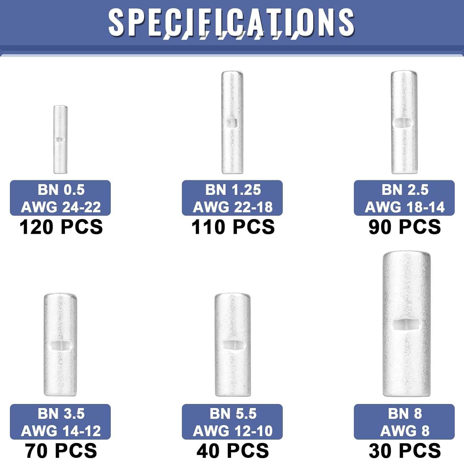 跨境 460PCS盒装 BN紫铜/非绝缘电线铜镀锡焊接中接管接线端子