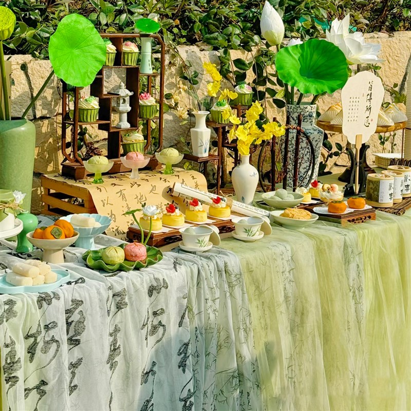 端午中式茶歇布置桌布甜品台装饰台布巴厘纱褶皱布芝W士桌旗新中