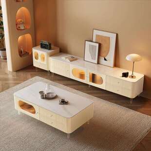 奶油风白蜡木电视柜茶几组合岩板原木小户型现代简约落地柜边柜