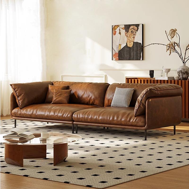 意式轻奢复古油蜡皮艺沙发小户型焦糖棕色客厅极简直排三人四人位