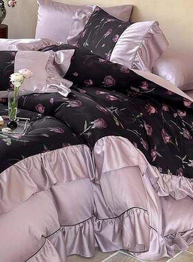 复古浪漫风全棉长绒棉四件套花卉数码印花法式高端被套床品紫绿色