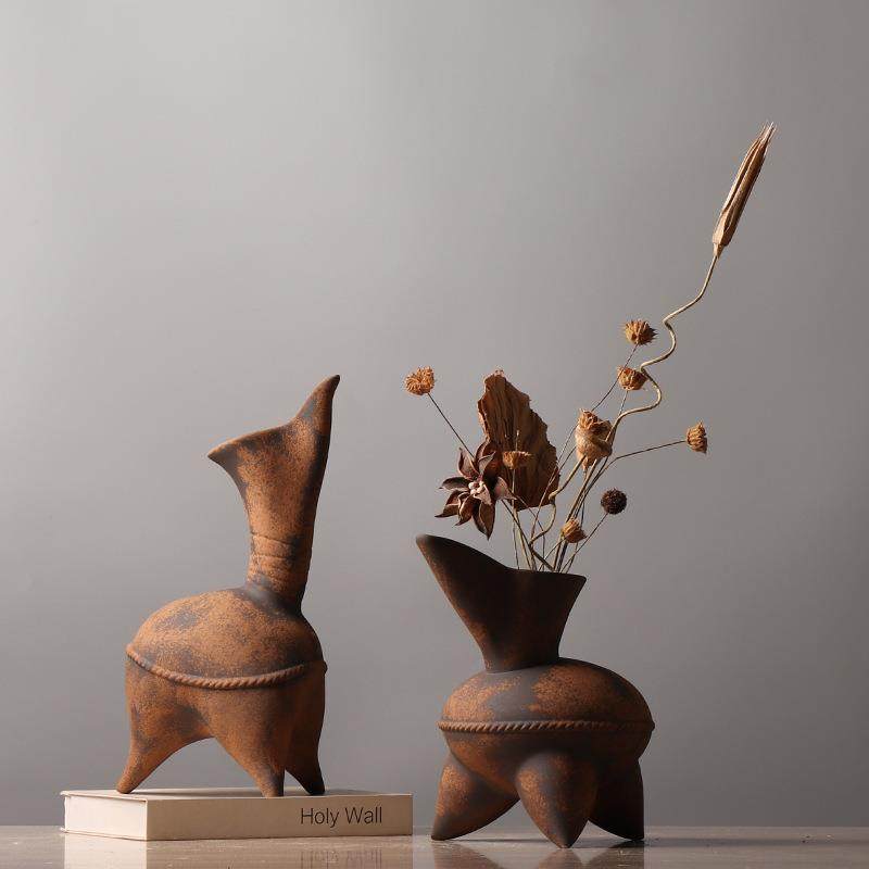 复古风创意陶瓷花瓶 斑驳拼色插花装饰品 设计师民宿客厅软装搭配