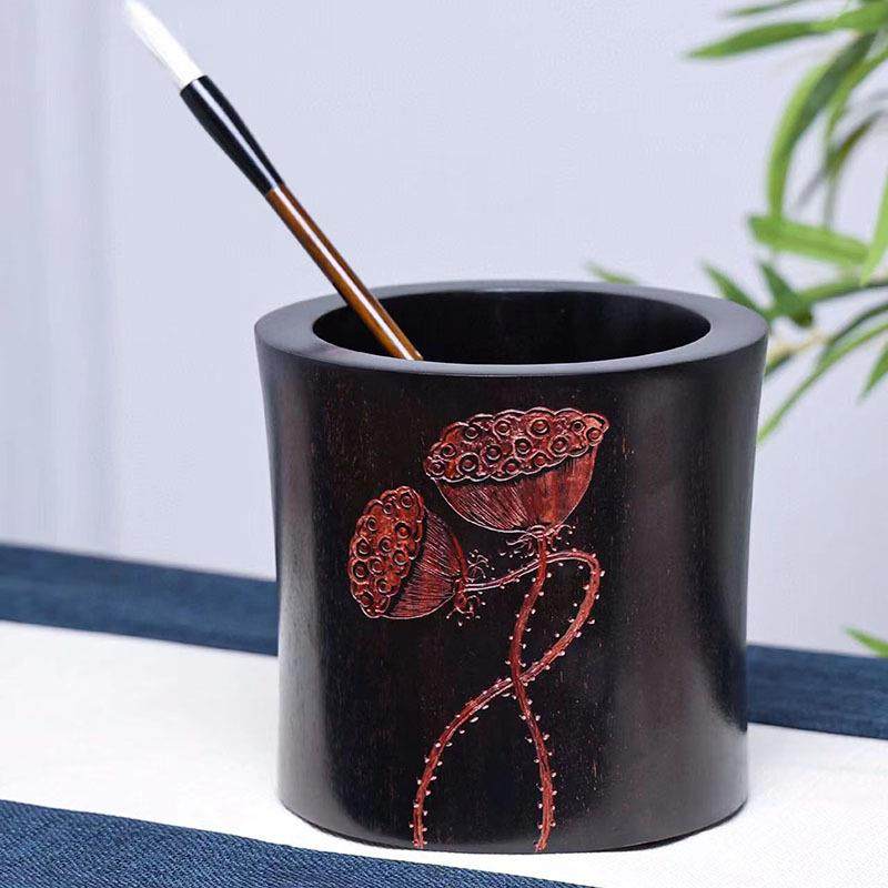 小叶紫檀仿古漆雕莲笔筒办公桌面创意摆件实木复古文房收纳装饰