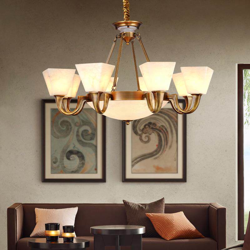 天然云石灯全铜客厅吊灯别墅复式豪华餐厅灯美式复古书房茶室灯具