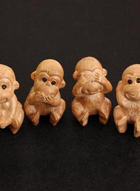 桃木四不猴子小摆件木雕十二生肖猴手把件家居客厅装饰工艺品