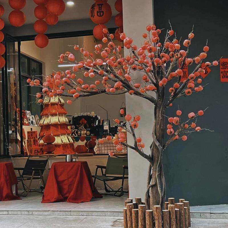 新中式仿真柿子树悬倒挂式橱窗酒店室内外落地装饰红果子新年造景
