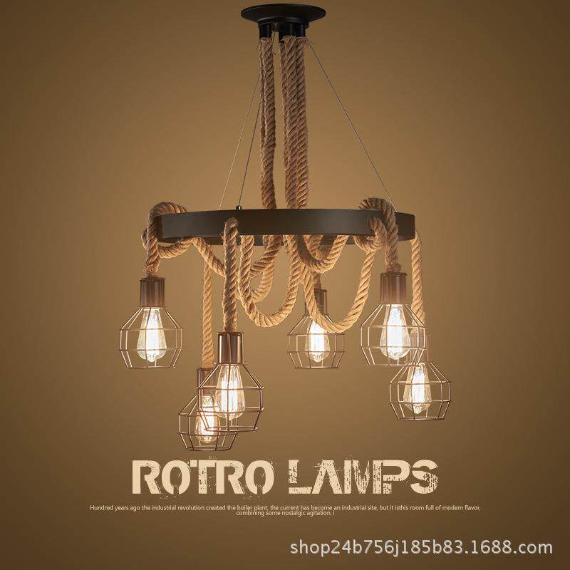 工业风复古咖啡厅吊灯网咖酒吧灯服装店麻绳吊灯北欧铁艺餐厅吊灯