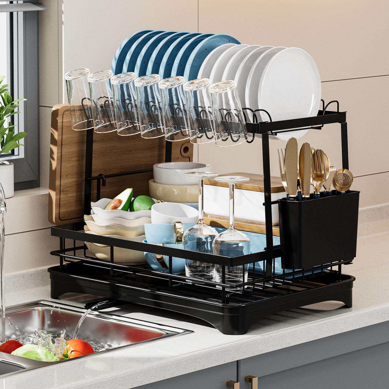 新款亚马逊碗碟收纳架沥水篮碗架碗盘碗筷放碗盘子双层厨房置物架