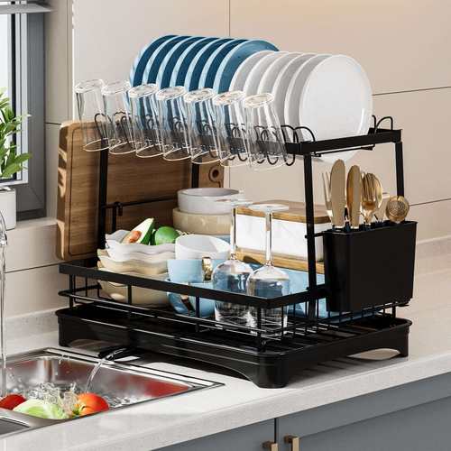 新款亚马逊碗碟收纳架沥水篮碗架碗盘碗筷放碗盘子双层厨房置物架