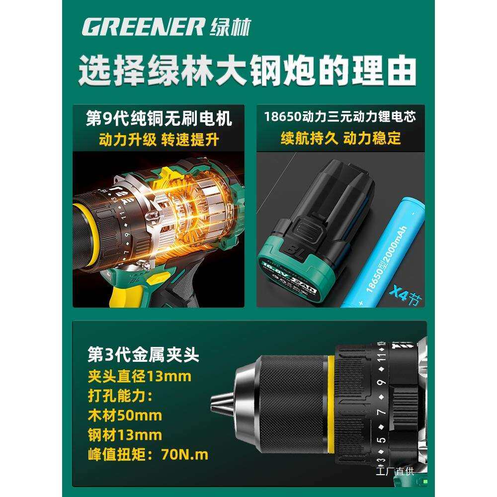 绿林大钢炮电钻无刷冲击手电钻打墙家用小型锂电动工具小钢炮鎏金