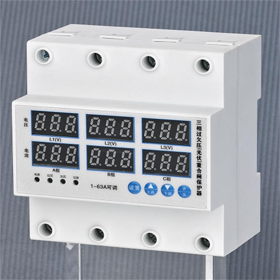 三相可调数显自复式过欠压限流保护器缺零缺相断电过流载63A380V