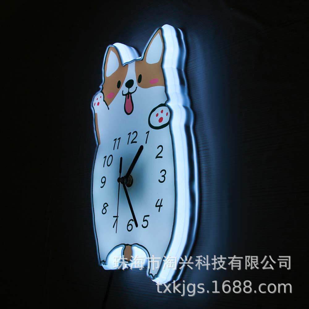 LED灯白色外框挂钟威尔士柯基造型时钟宠物狗儿童房家居装饰墙钟