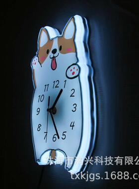 LED灯白色外框挂钟威尔士柯基造型时钟宠物狗儿童房家居装饰墙钟