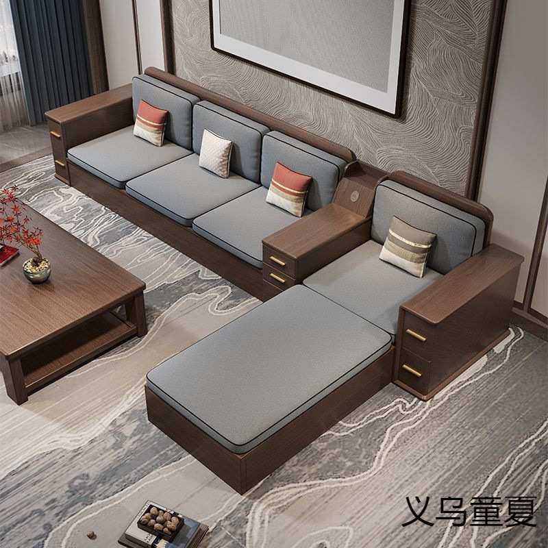 胡桃木实木沙发组合现代简约客厅冬夏两用储物扶手箱贵妃沙发家具