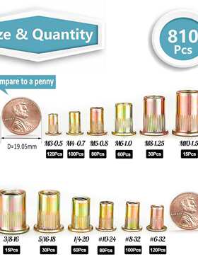 跨境 810PCS 拉铆螺母套装 彩锌平头竖纹拉铆螺母盒装