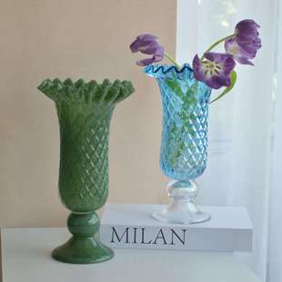 复古蓝宝石浮雕菱格玻璃琉璃花瓶法式水培插花鲜花家居装饰摆件