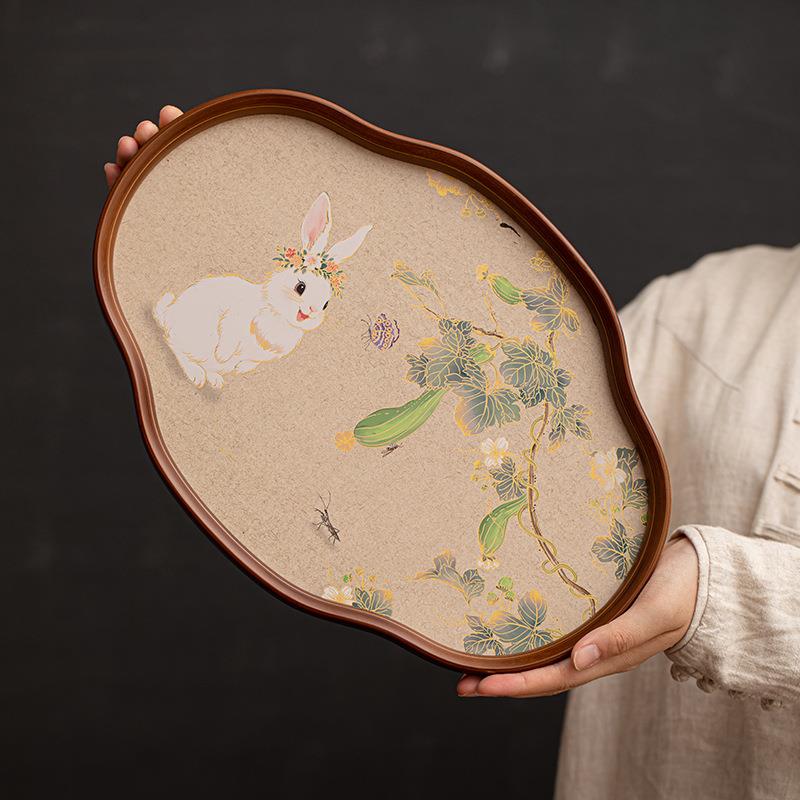 玉兔海棠托盘家用竹木玻璃茶托盘干泡茶盘水果盘点心收纳盘小茶台