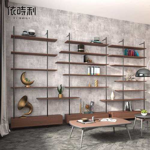 loft实木挂墙置物架工业风铁艺博古架带抽屉书架书柜一字隔板架