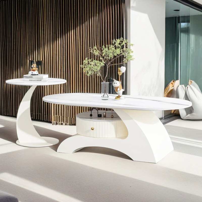 现代简约岩板家用茶几边几组合奶油风轻奢椭圆形客厅茶桌轻奢风格