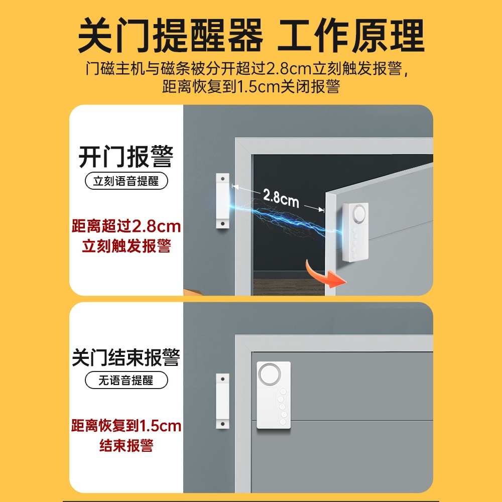 未关门提醒器门没关开门延时报警器防忘记冰箱冰柜门窗提示警报器