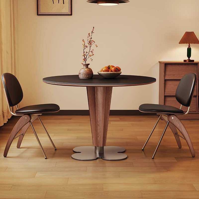 实木餐桌圆桌家用小户型洽谈1米2圆形意式轻奢黑色中古风岩板餐桌
