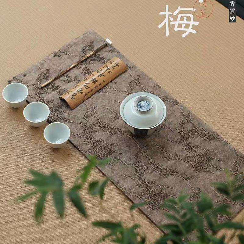 慢蓝茶席冰梅丝绸绢纺香云纱桌旗高端新中式禅意茶桌布干泡垫子