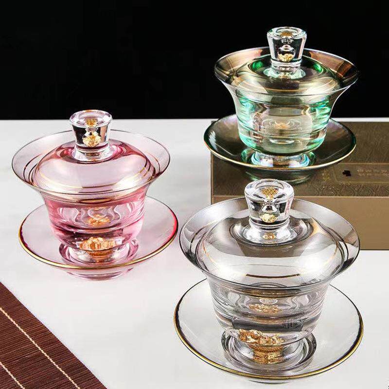 日式彩色金箔盖碗个性创意办公室茶室用耐热玻璃茶具茶杯茶器