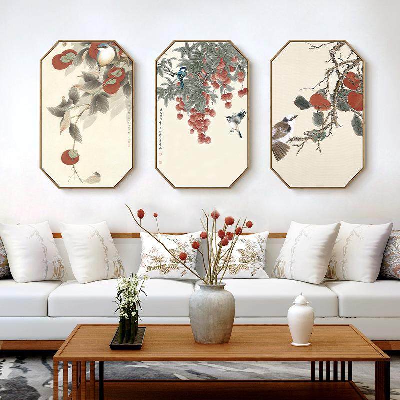 万事顺心新中式客厅装饰画中国风事事如意创意八边形柿子餐厅挂画