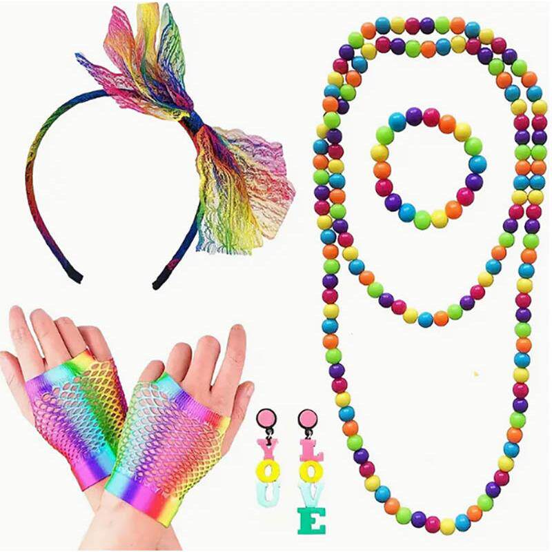 新款80s派对服装配饰紫色蝴蝶结蕾丝发箍彩色耳环渔网手套套装