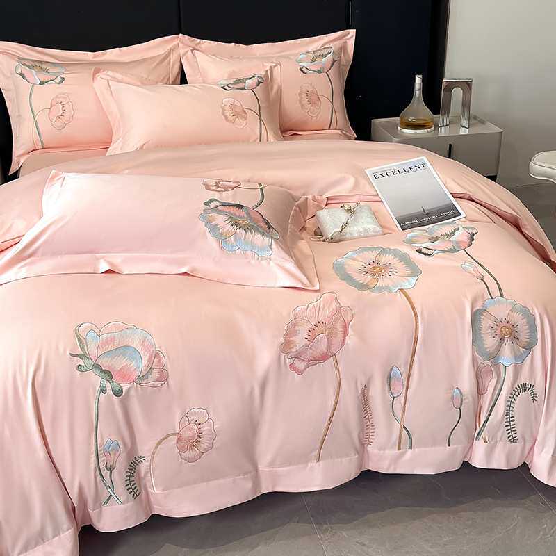 高级A类50支长绒棉四件套全棉纯棉简约花卉刺绣被套床单床上用品