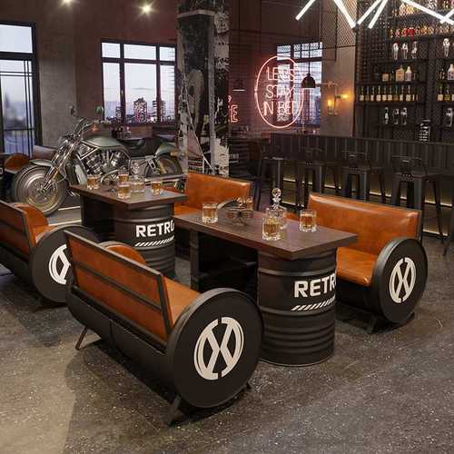 美式烧烤店成套餐桌椅复古工业风车铁艺卡座轮造型靠背沙发椅一套