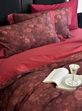 美式A类100支纯棉长绒棉婚庆四件套结婚红色全棉数码印花被套床品