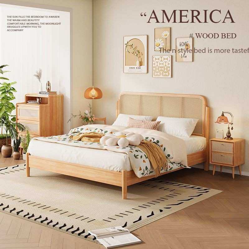 北欧复古实木藤编床双人1.8x2米小户型家用1.2m原木日式民宿藤床