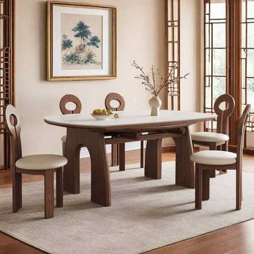 轻奢餐桌法式复古风圆形岩板餐桌椅组合家用小户型折叠方圆两用桌