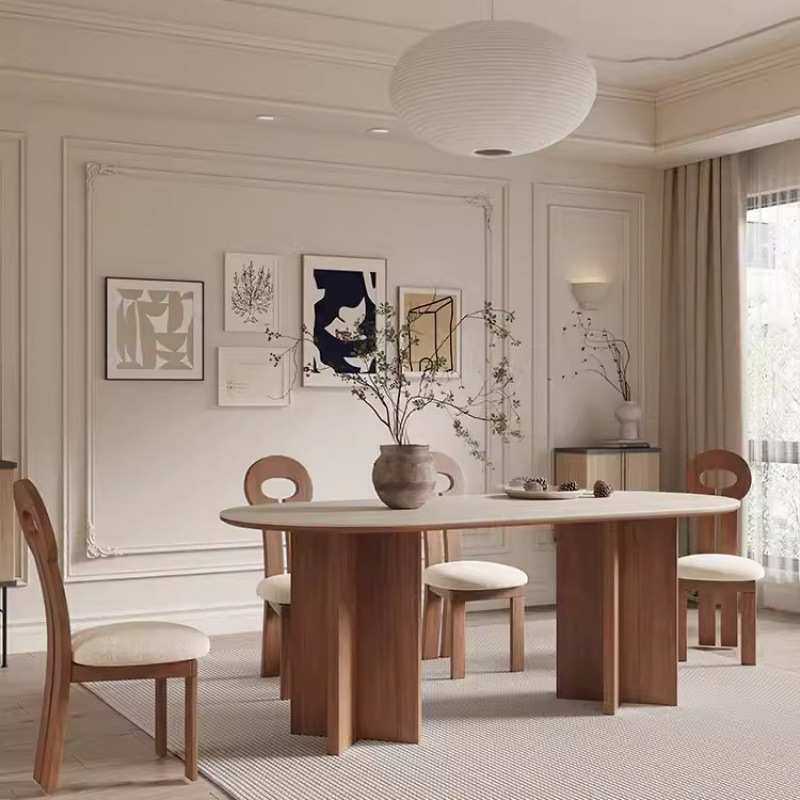 法式风实木岩板餐桌椅组合中古风家庭长方形饭桌设计师洞石白蜡木