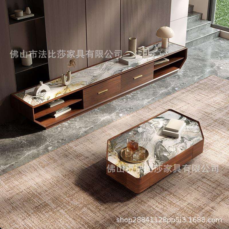 新中式乌金木岩板茶几电视柜简约现代客厅北美黑胡桃木色抽屉储物