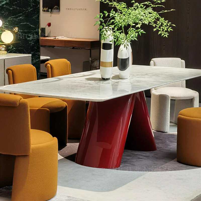 卡里冰玉大理石餐桌不锈钢红色高亮光烤漆现代长方形家用餐厅饭桌