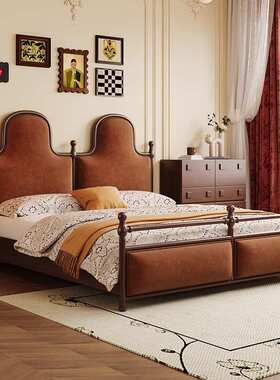 中古风绒布布皮艺床红色法式复古风主卧床1.8m双人床高箱储物软床