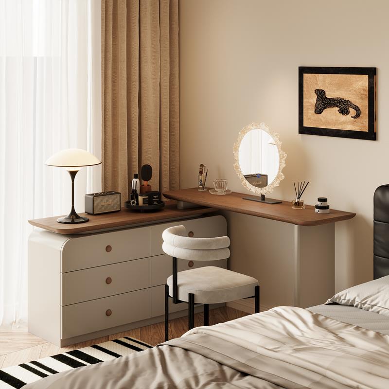 中古风转角实木梳妆台收纳柜一体奶油简约斗柜卧室复古小型化妆桌