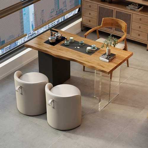 新中式实木功夫泡茶桌原木家用小户型阳台泡茶台亚克力茶桌椅组合