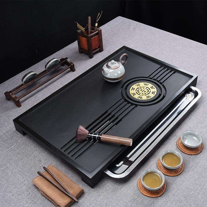天然乌金石茶盘一体排水储水式轻奢现代小号整块家用不锈钢托茶台