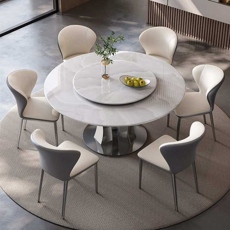 超晶石大理石餐桌椅组合现代简约小户型天然奢石圆形带转盘饭桌椅