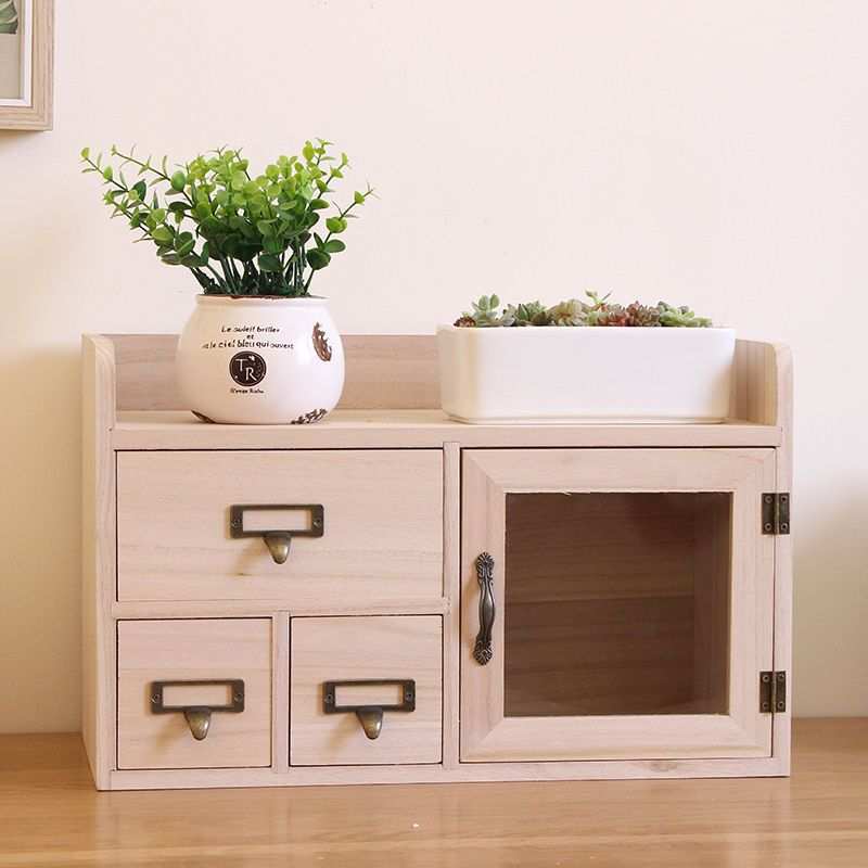 桌面书架创意实木收纳盒抽屉式带门办公室书桌储物盒木制置物架