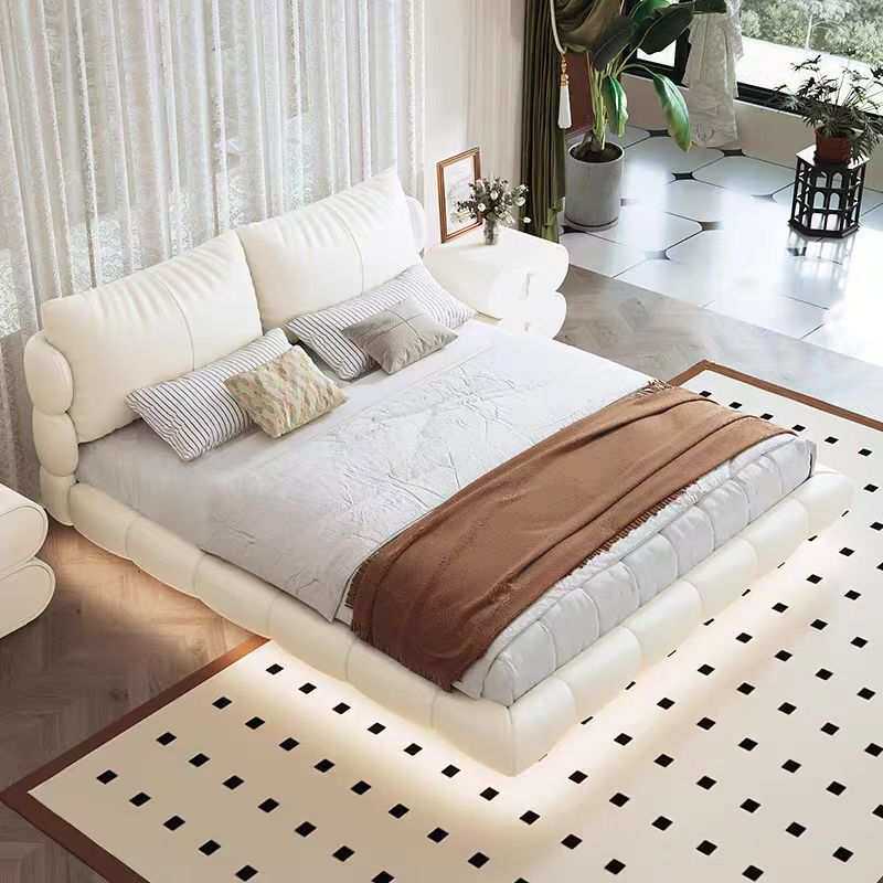 悬浮床带灯轻奢简约法式奶油风皮艺床双人床主卧室实木婚床泡芙床